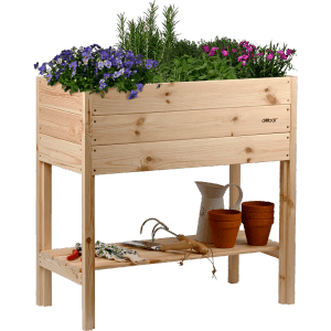 Dobar Hochbeet Florenz aus Kiefernholz, 78 cm hoch, mit Ablagefläche und Bepflanzung.