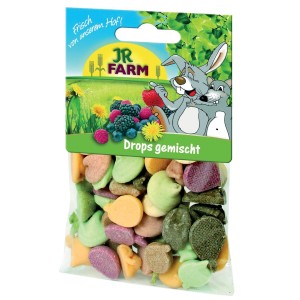 JR Farm Drops gemischt, 75g, Ergänzungsfutter für Nager. Leckerli für Kleintiere im transparenten Beutel.