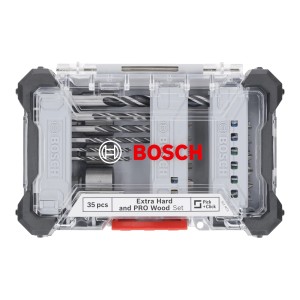 Bosch 35-teiliges Schrauber-Bit & Holzbohrer-Set Pro Wood im transparenten Koffer.