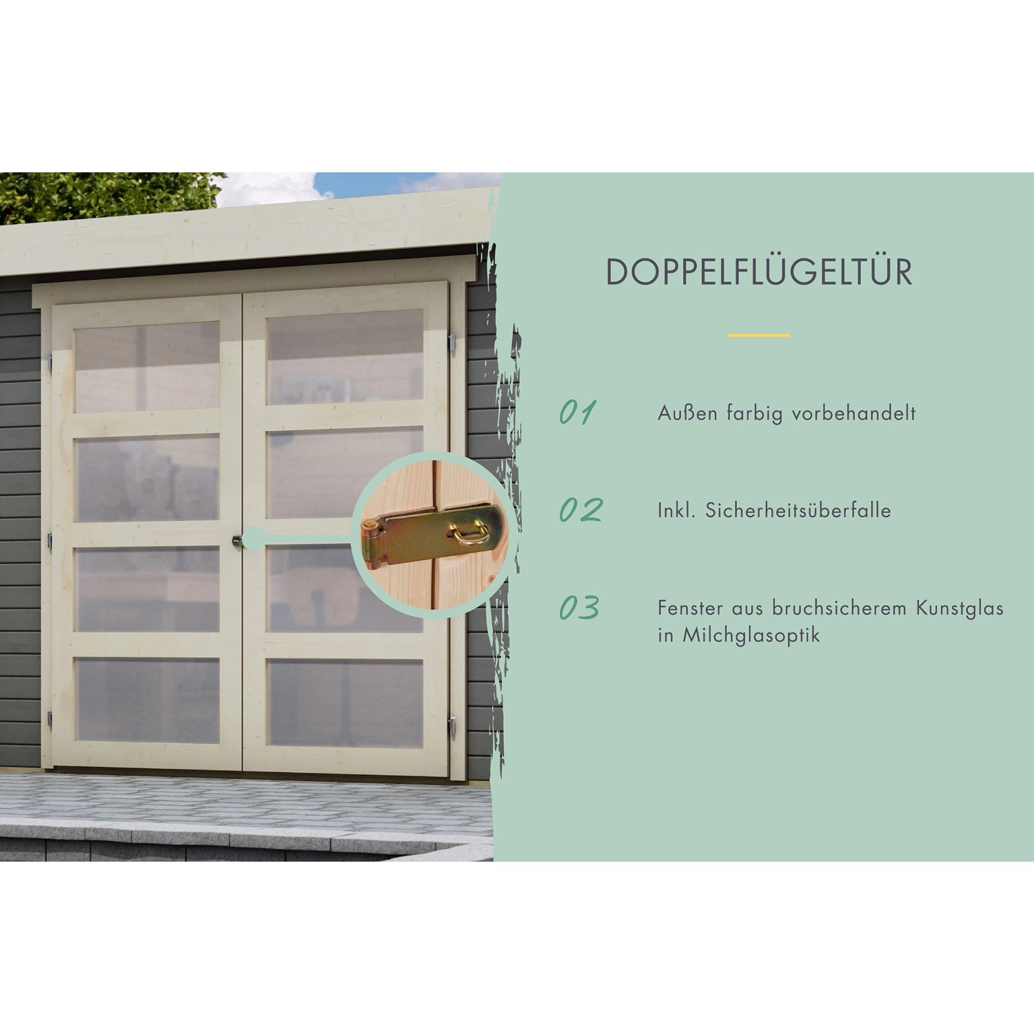 Detailaufnahme: Doppeltür mit Sicherheitsüberfalle für Karibu Gartenhaus Nürnberg, terragrau.