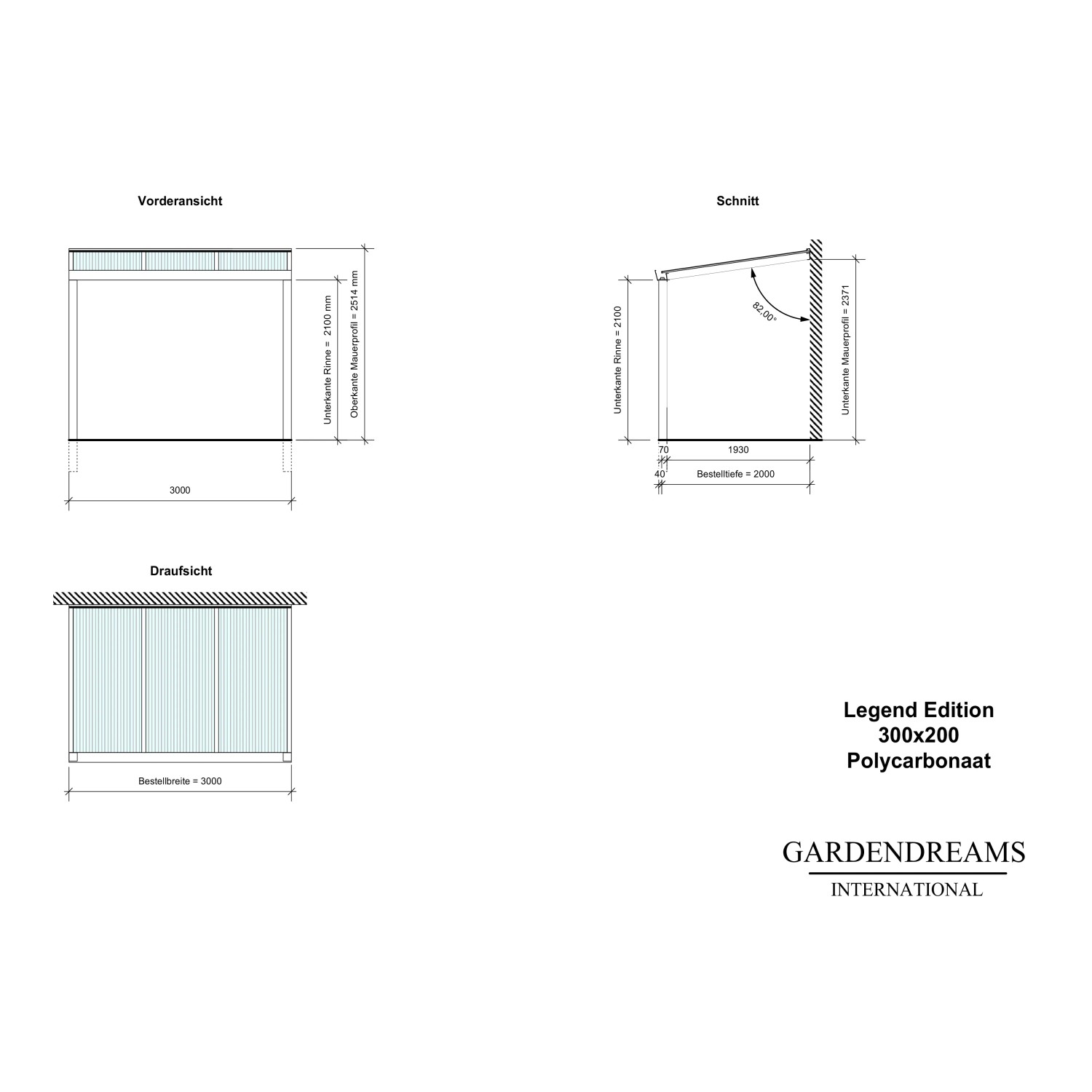 Technische Zeichnung Terrassenüberdachung Professional 300x200 cm, Maße und Ansichten.