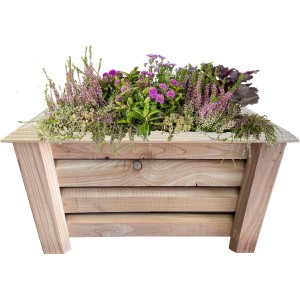 Pflanzkasten Mainz aus Lärche, 36x60x40cm, bepflanzt mit bunten Blumen.