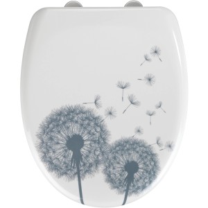 Wenko WC-Sitz Astera mit Absenkautomatik, weiß-graues Pusteblumen-Design.