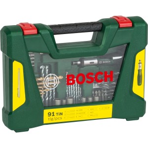 Bosch V-Line 91-teiliges Bohrer- und Bit-Set im grünen Koffer.