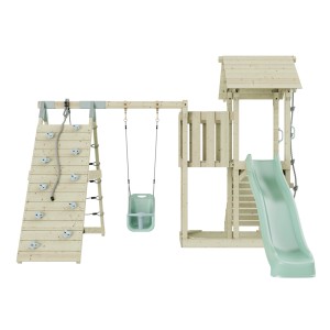 PolarPlay Babyschaukel Farö Mintgrün mit Spielturm, Rutsche und Kletterwand.
