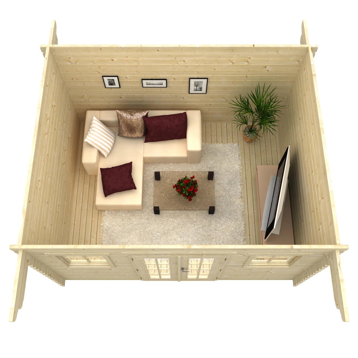 Innenansicht Skan Holz Gartenhaus Davos 1 Natur, 380x300 cm, mit Möbeln als Beispiel.