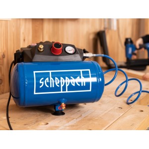 Scheppach HC06 Kompressor, 6L Tank, blau, mit Zubehörset für Druckluftwerkzeuge.