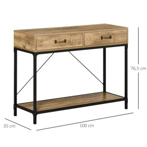 HOMCOM Konsolentisch braun, 2 Schubladen, schwarzes Metallgestell, Unterregal. Industrie-Design, 100x35x76,5 cm.