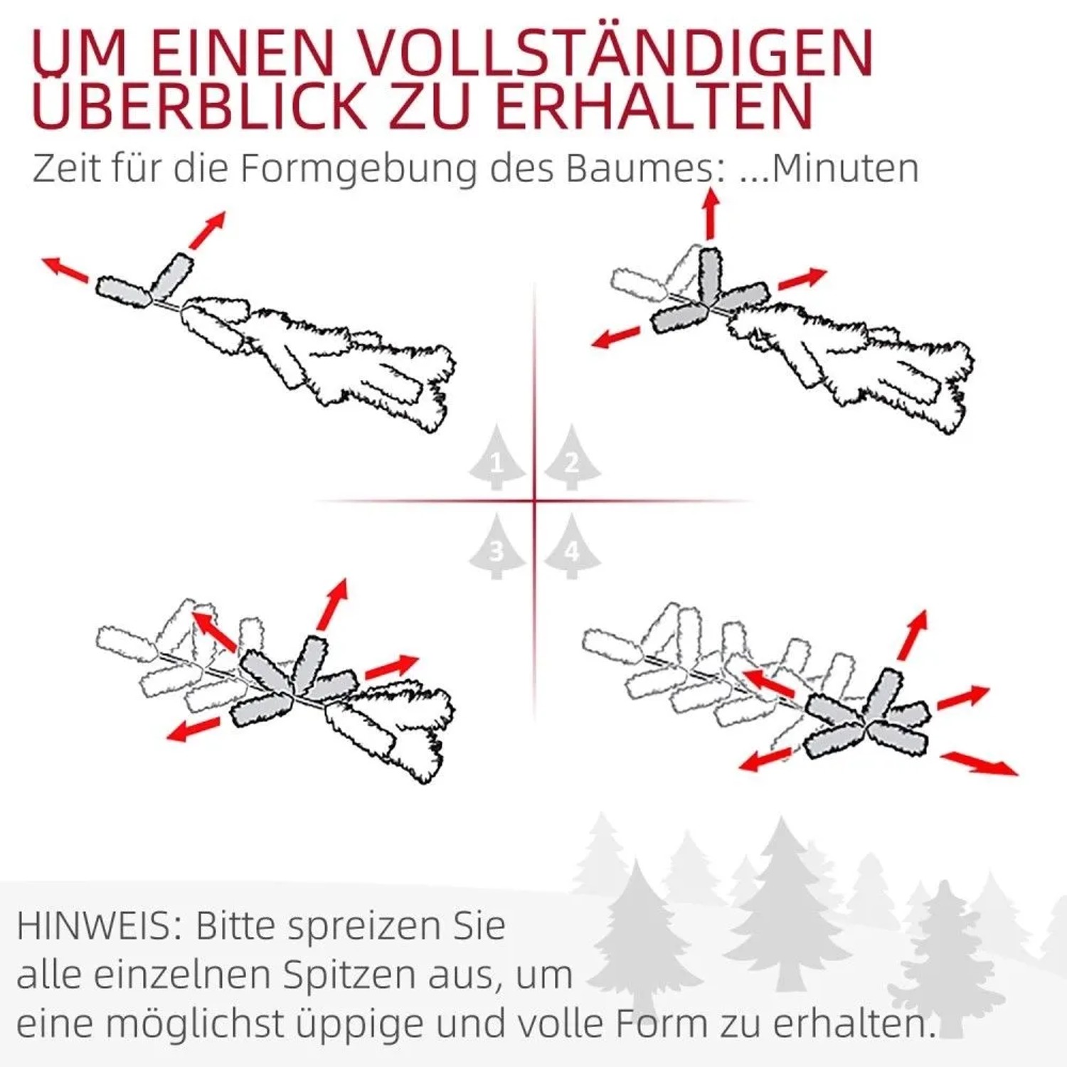 Anleitung: Zweige des künstlichen HOMCOM Weihnachtsbaums ausbreiten für eine volle, üppige Form. Weihnachtsdekoration.
