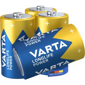 Varta Longlife Power D Batterien, 4er-Pack. Gelb-blaue D-Zellen für energieintensive Geräte.