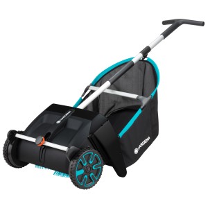 Gardena Laub- und Rasensammler mit Fangkorb und Rädern in Schwarz und Türkis.