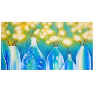 Handgemaltes Ölgemälde: Blaue Vasen mit Blumen, abstrakte Kunst für Wohnaccessoires.