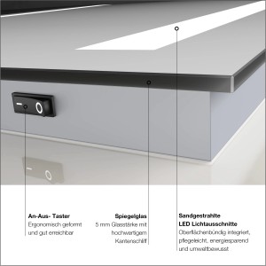 Detailaufnahme: DSK Design LED-Lichtspiegel Silver Dream mit An-Aus-Taster und sandgestrahlten Lichtausschnitten.
