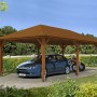 Skan Holz Carport Taunus, 439x786 cm, Nussbaum, mit Auto und Motorrad untergestellt.