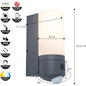 Lutec LED-Kameraleuchte Pollux, anthrazitfarbene Außenwandleuchte mit Kamera und Bewegungsmelder.