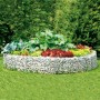 Rundes Bellissa Gabionen-Hochbeet (Ø 240cm) befüllt mit Steinen und bepflanzt mit Gemüse im Garten.