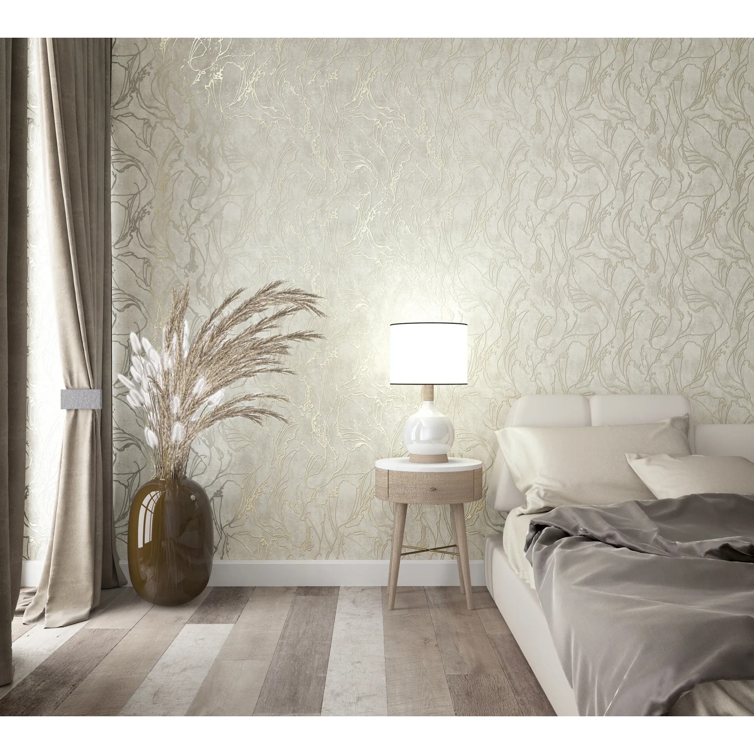 Beige Vliestapete mit geschwungenen Linien von Marburg. Dekorative Wandgestaltung für Wohnräume.