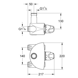 Technische Zeichnung: Grohe Grohtherm XL Thermostat-Brausebatterie DN 25 mit Maßen.