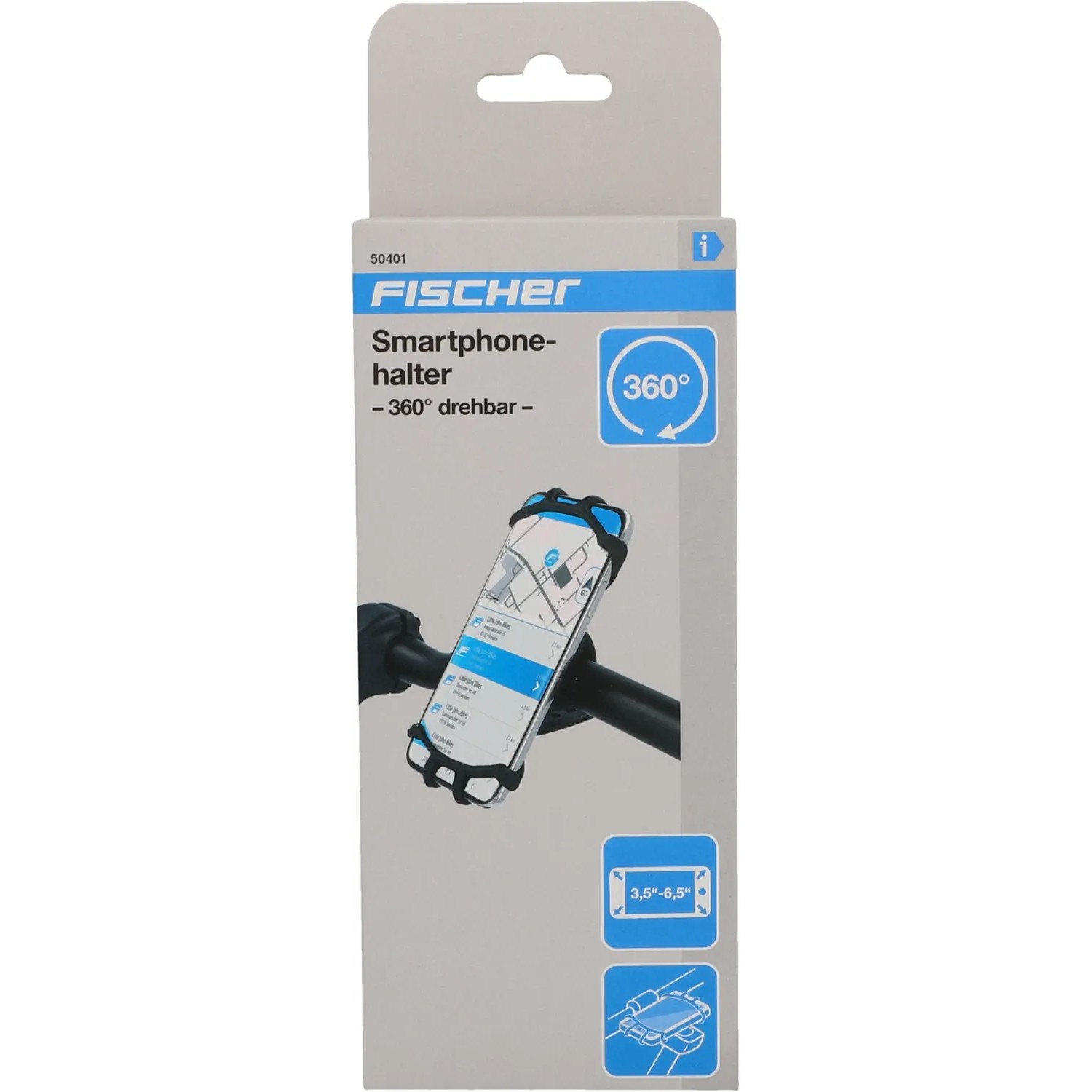 Fischer Smartphonehalter Silikon mit 360° Drehfunktion für Fahrräder, Verpackung.
