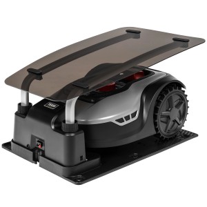 Texas Mähroboter RMX1000 mit Ladestation und Regenschutzdach.