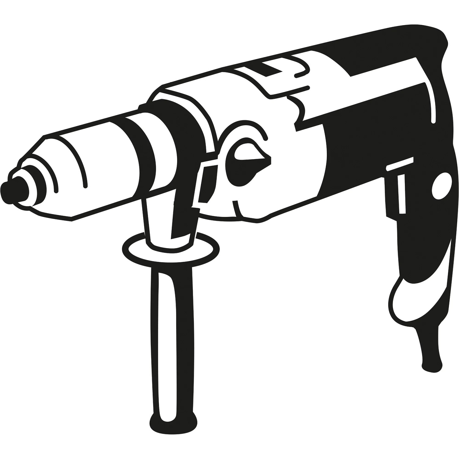 Schwarz-weiße Illustration einer Bohrmaschine mit Zusatzgriff. Fräsbohrer Zubehör.