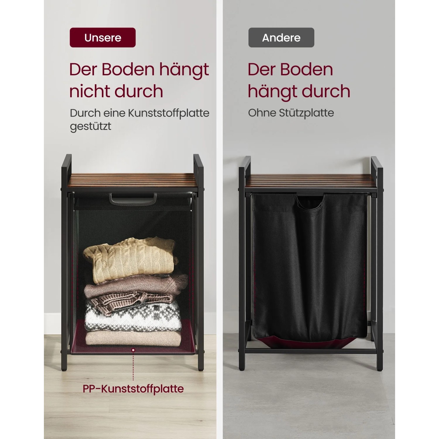 Vasagle Wäschesammler, braun-schwarz, mit Ablage. Vergleich: Boden mit/ohne Stützplatte.