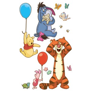 Selbstklebende Winnie the Pooh Fototapete mit Winnie, Tigger, I-Aah und Ferkel mit Luftballons.