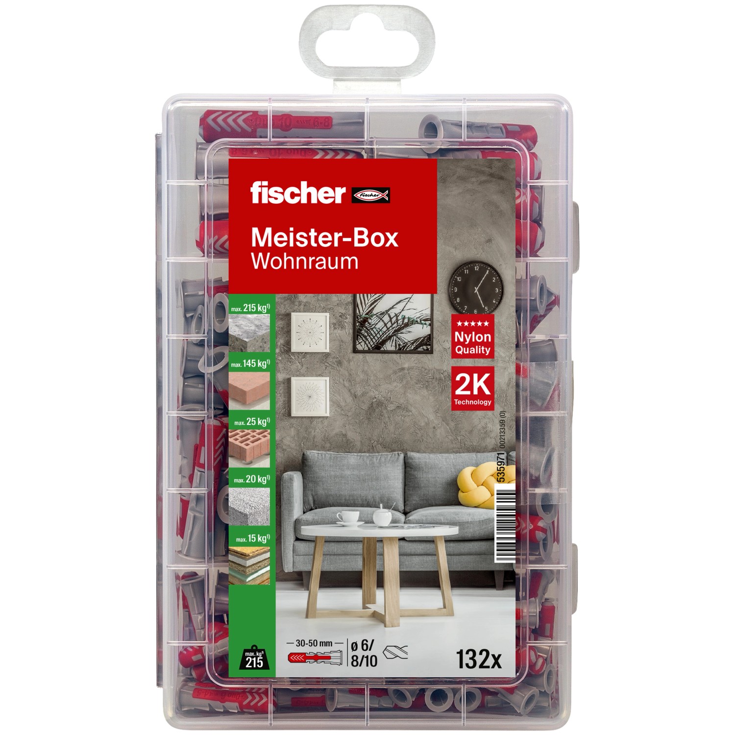 Fischer Meister-Box Wohnraum, 132-teiliges Dübelset in transparenter Kunststoffbox.