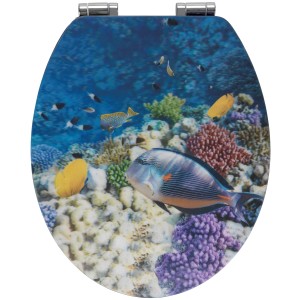 Wenko WC-Sitz Fish mit 3D-Effekt, MDF, Absenkautomatik, mehrfarbig mit Unterwasserwelt-Motiv.