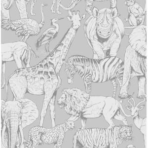 Graue Vliestapete mit Dschungeltieren: Giraffe, Zebra, Elefant, Löwe, Tiger, Leopard, Nashorn und Affe.