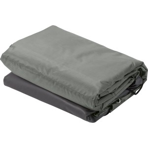 Graue Schutzhülle für Tisch und Stühle, 295x210x80 cm, mit Kordelzug, zum Schutz vor Wettereinflüssen.