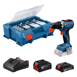 Bosch Professional Akku-Bohrschrauber GSR 18V-65 mit 2 Akkus, Ladegerät und L-Boxx.