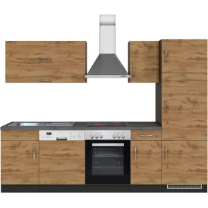 Küchenzeile Sorrento 270 cm in Wotaneiche-Grafit mit E-Geräten und Spüle.