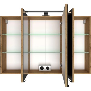 Offener Held Möbel 3D-Spiegelschrank Florenz 100 cm in Wotaneiche mit Glasböden und Beleuchtung.