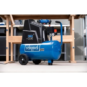 Scheppach HC30ox Kompressor, ölfrei, 24 l Tank, 8 Bar, 1100 W, mit Rädern für einfachen Transport.