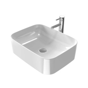Weißes, eckiges Keramik Aufsatzwaschbecken mit Armatur. Modernes Handwaschbecken für Ihr Badezimmer.