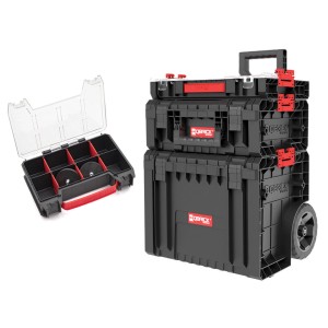 Qbrick System Werkzeug Trolley Set 2 mit Magnet-Set, schwarzer Werkzeugkoffer mit Rollen und Tragegriff.