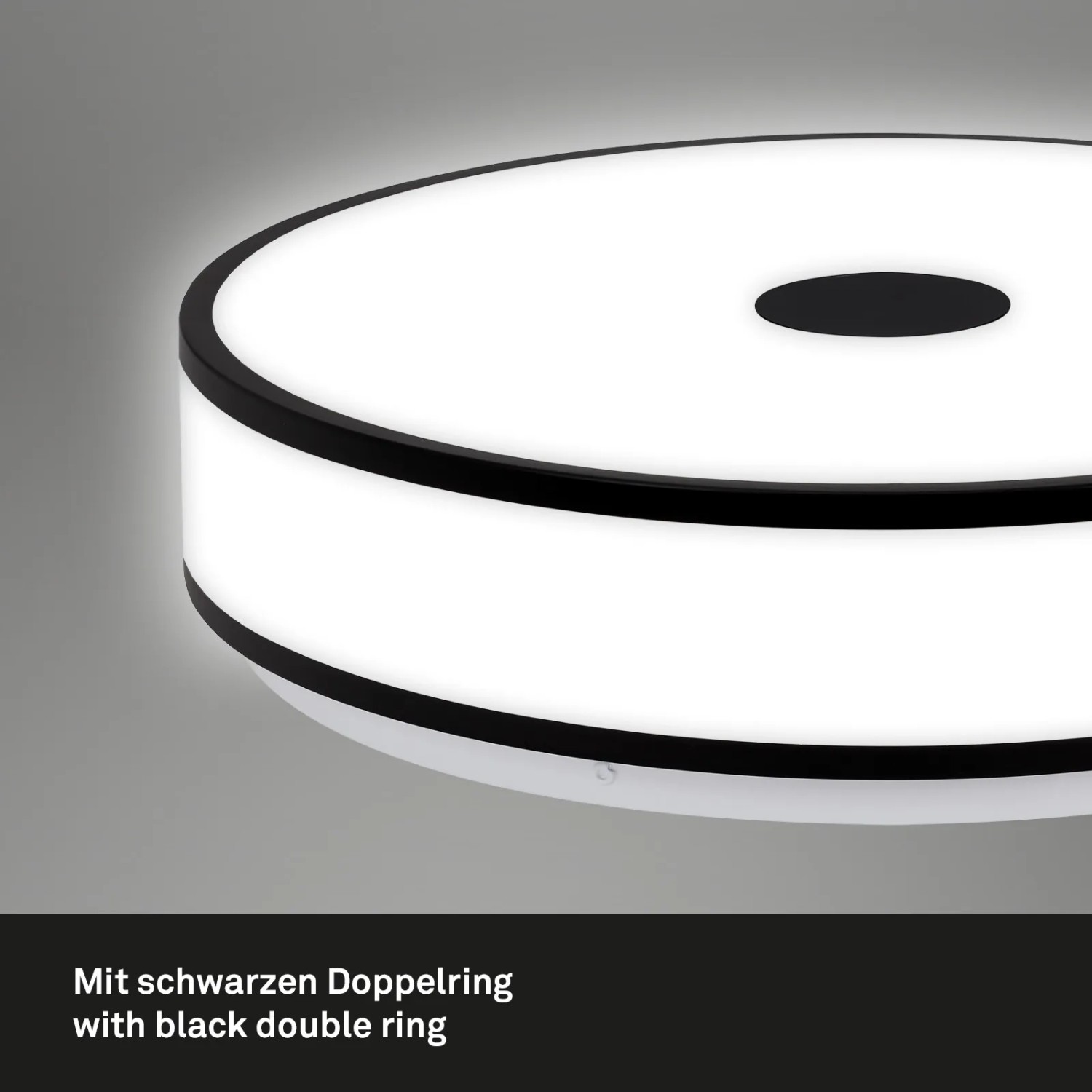 Moderne LED-Deckenleuchte Block von Briloner mit schwarzen Ringen, 38 cm Durchmesser.