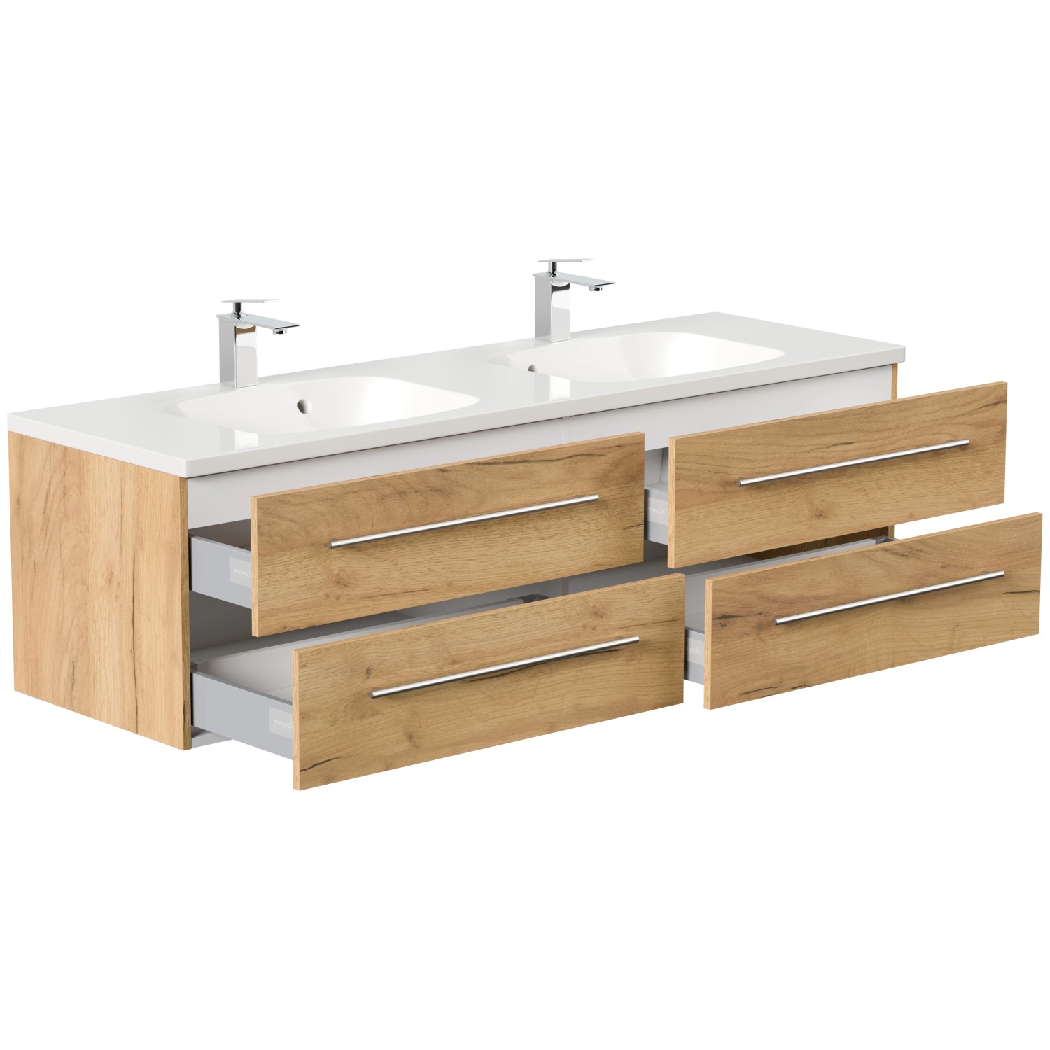 Posseik Badmöbel Geant 160 Eiche Gold mit Doppelwaschbecken und vier Schubladen.