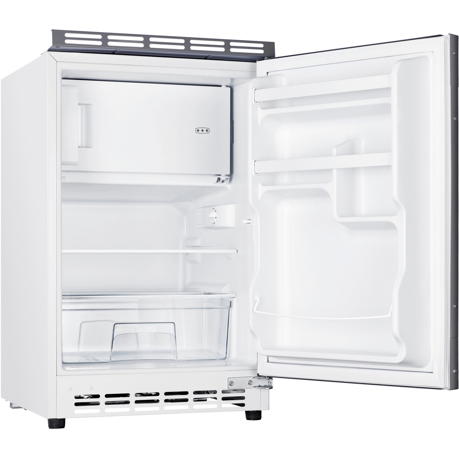 Offener Unterbau-Kühlschrank der Flex-Well Singleküche Cara, Innenansicht mit Fächern.