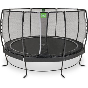Schwarzes EXIT Lotus Premium Trampolin Ø 427 cm mit Sicherheitsnetz für den Garten.