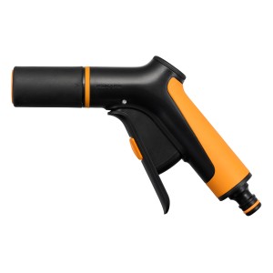 Fiskars Sprühpistole mit Frontregler, schwarz-orange, für flexible Bewässerung im Garten.