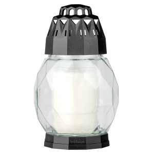 Weiße Bolsius Grablaterne Diamond, Ø 10,8 cm x 17,8 cm, mit geripptem Glas und schwarzem Deckel.