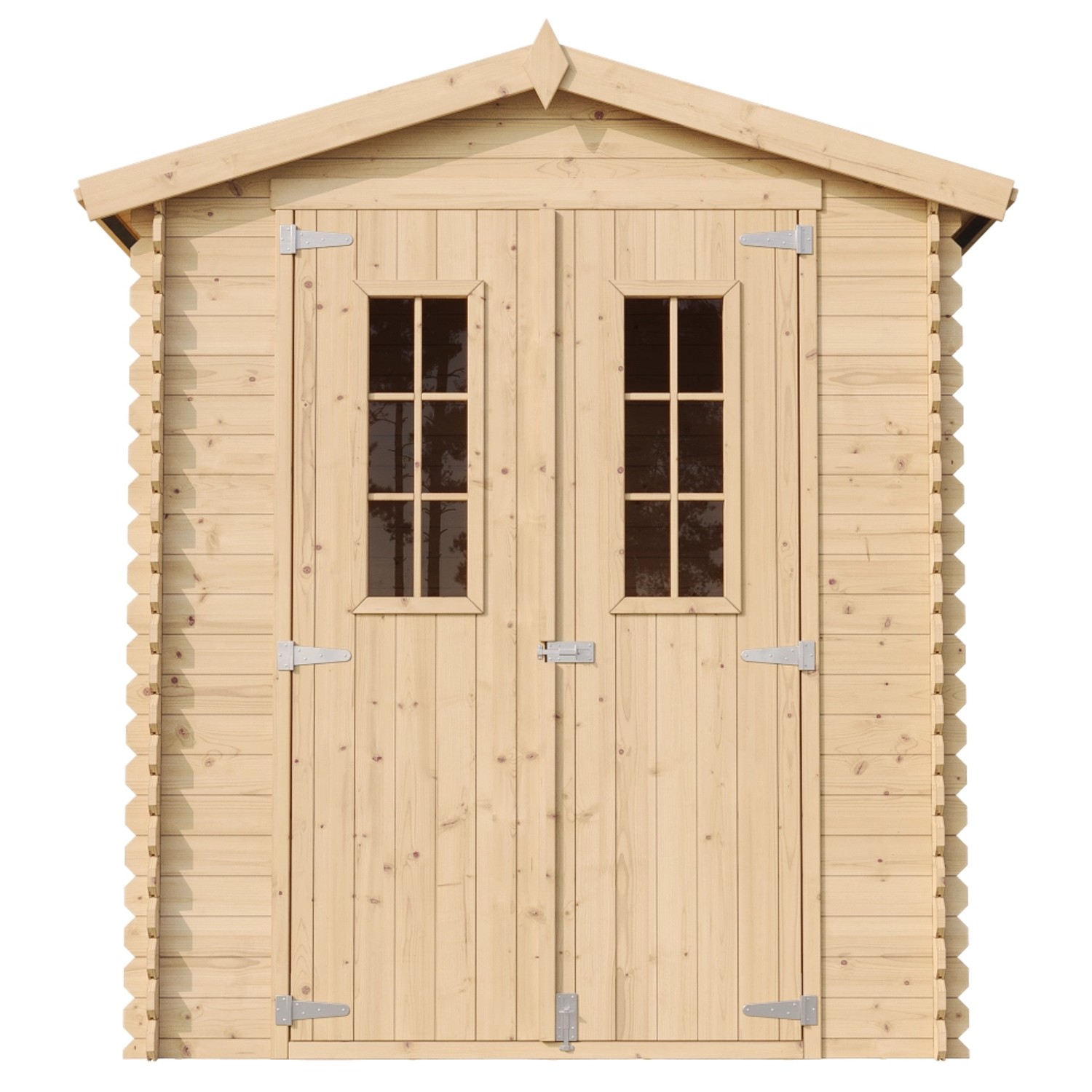 Timbela Holz-Gartenhaus M320C, beige-braun, mit Doppeltür und Fenster.