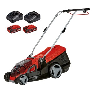 Einhell Akku-Rasenmäher GE-CM 36/350 Li M Kit mit Akkus und Ladegeräten.