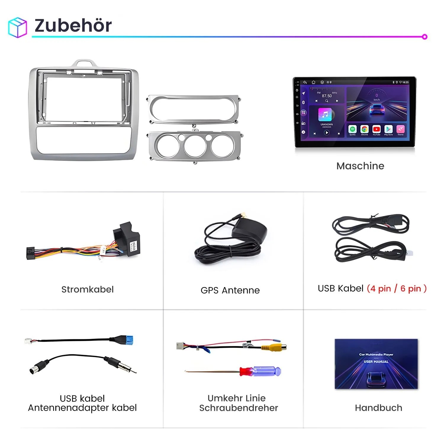 Junsun 9 Zoll Autoradio Zubehörset für Ford Focus 2. Mit Einbaurahmen, Strom-, USB-, GPS-Kabel, Antennenadapter, Schraubendreher, Handbuch.