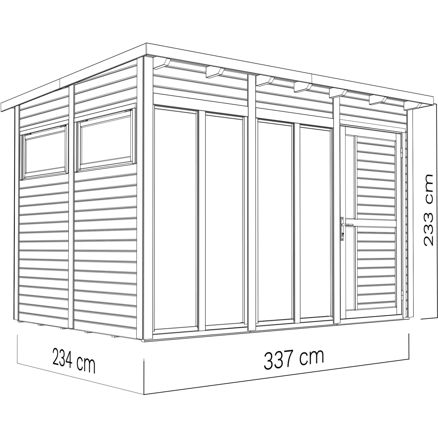 Illustration: Anthrazitfarbenes Bertilo Gartenhaus Pentus 3 Office, 234x337 cm, mit Maßen.