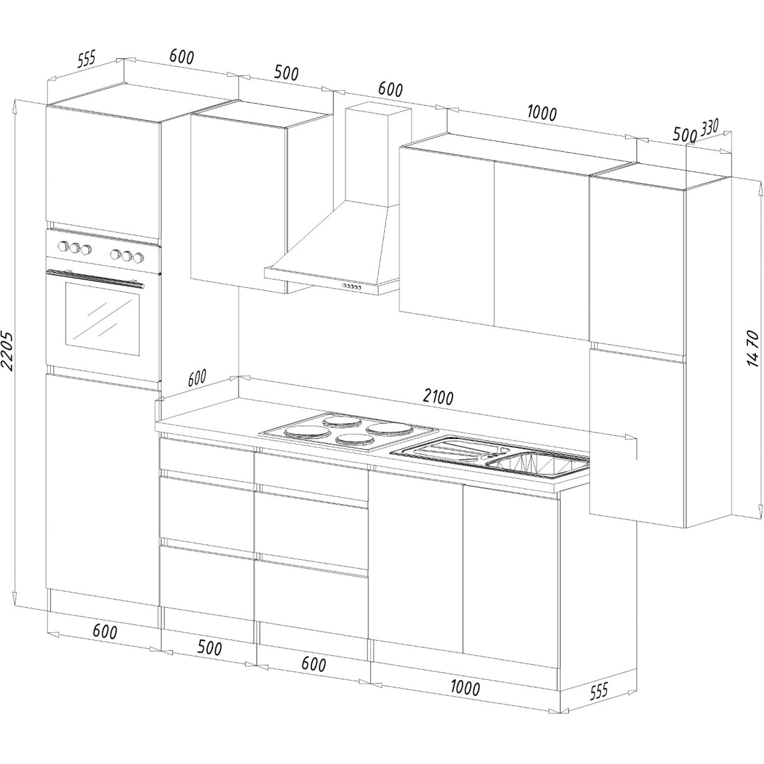 Skizze der Respekta Küchenzeile 320cm in Schwarz Hochglanz-Weiß, grifflos, ohne E-Geräte.