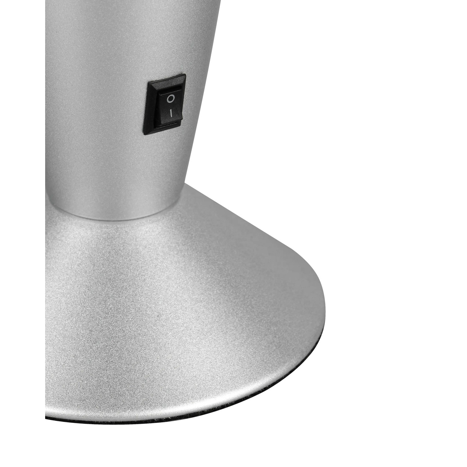 Detailansicht der silbernen Metallbasis und des schwarzen Schalters der Reality LED-Lavaleuchte Vesuv Tischlampe.