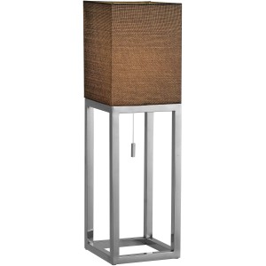 Näve Tischleuchte Alfa Chrome, 65 cm hoch, mit braunem Textilschirm und verchromtem Gestell.